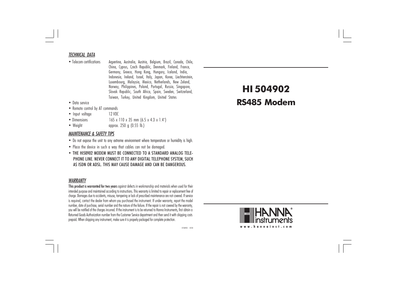 Hanna Instruments HI 504902 User Manual | 2 pages