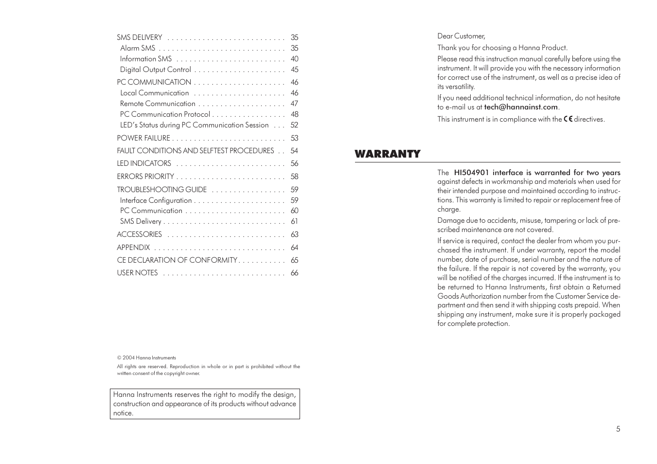 Warranty | Hanna Instruments HI 504901 User Manual | Page 3 / 35