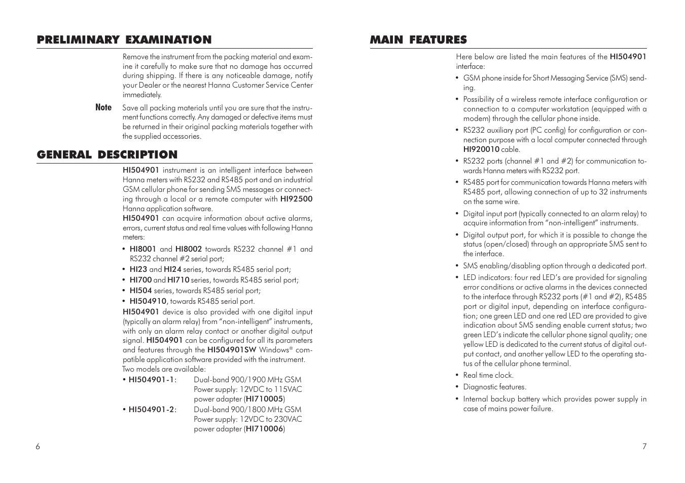 Main features, Preliminary examination, General description | Hanna Instruments HI 504901 User Manual | Page 4 / 35
