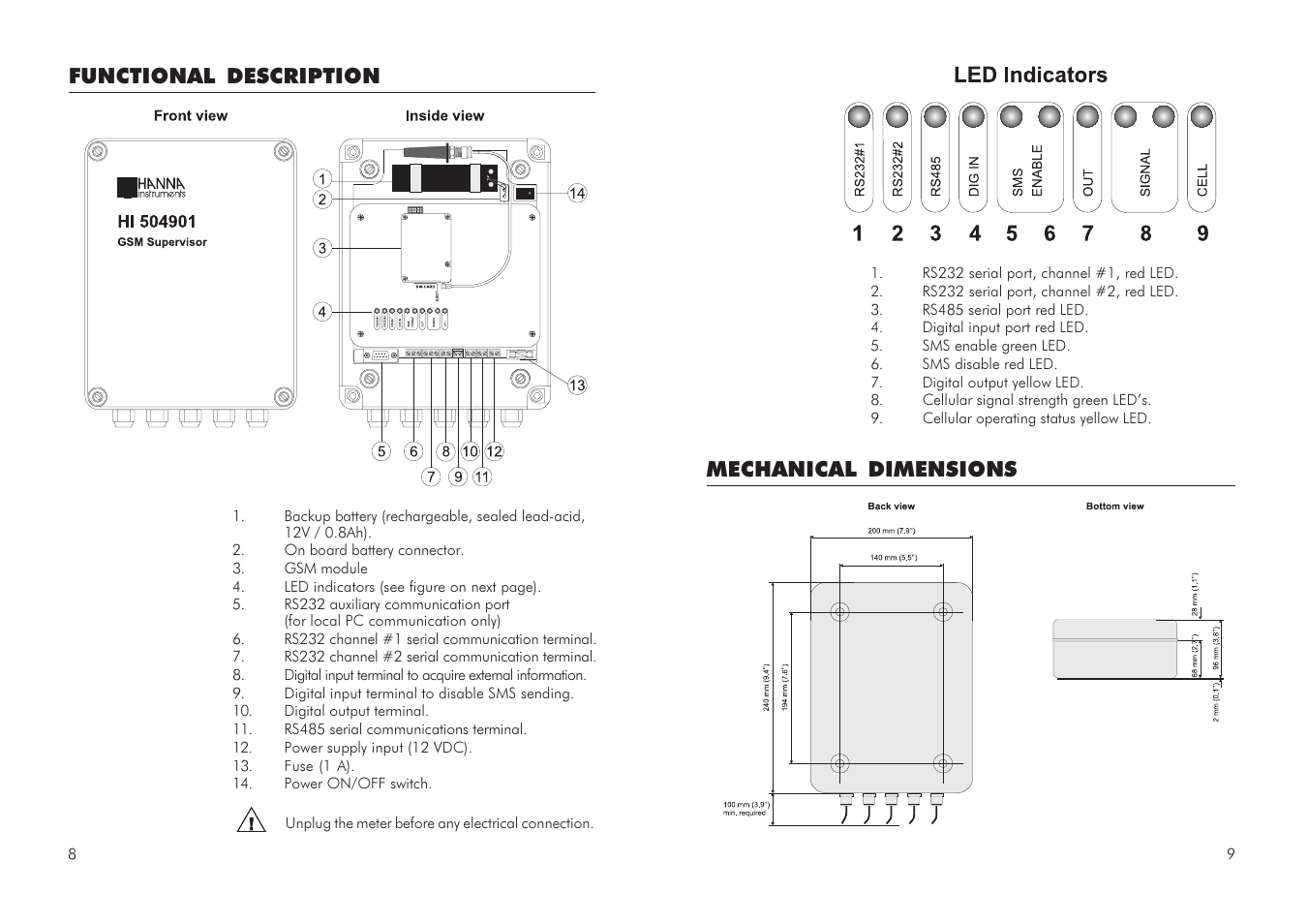 Mechanical dimensions functional description | Hanna Instruments HI 504901 User Manual | Page 5 / 35