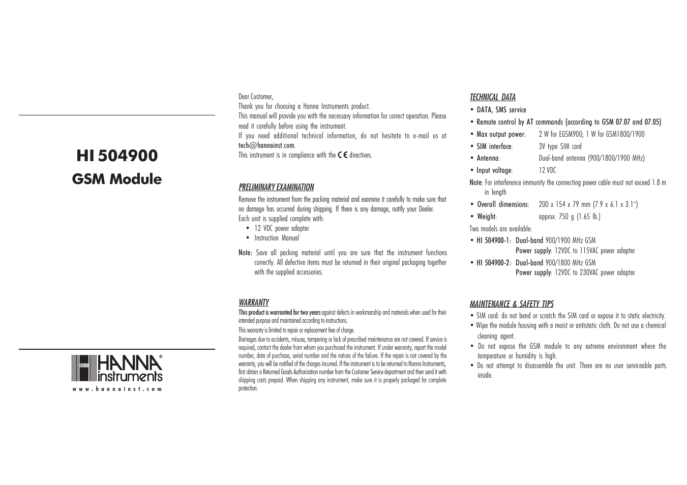 Hanna Instruments HI 504900 User Manual | 2 pages