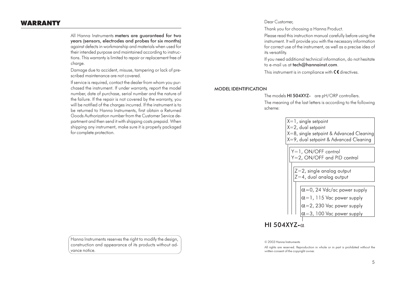 Warranty | Hanna Instruments HI 504 User Manual | Page 3 / 59