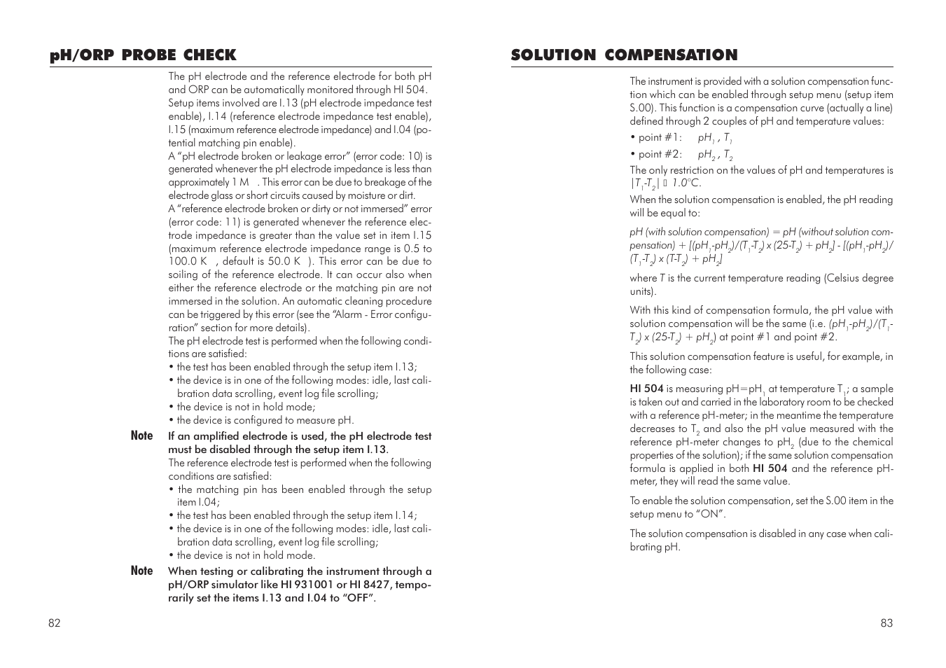 Solution compensation, Ph/orp probe check | Hanna Instruments HI 504 User Manual | Page 42 / 59