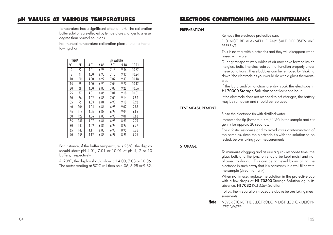 Electrode conditioning and maintenance, Ph values at various temperatures | Hanna Instruments HI 504 User Manual | Page 53 / 59