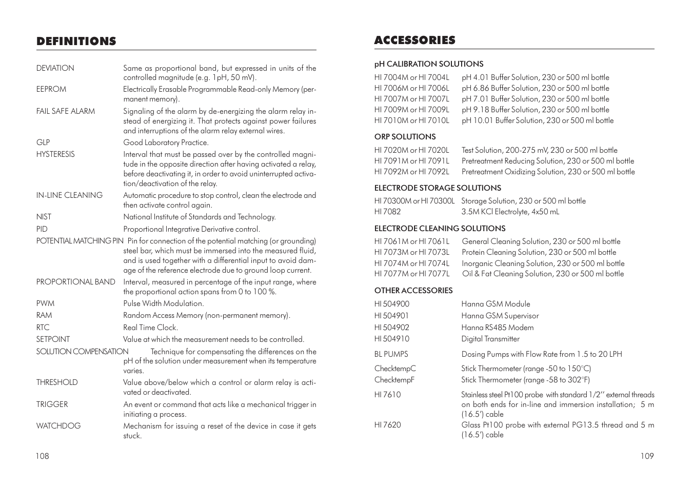 Accessories, Definitions | Hanna Instruments HI 504 User Manual | Page 55 / 59