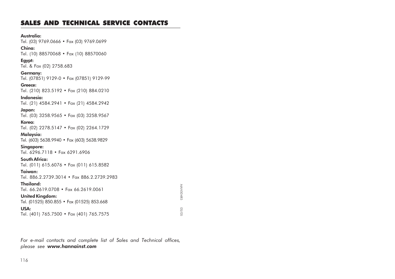 Sales and technical service contacts | Hanna Instruments HI 504 User Manual | Page 59 / 59