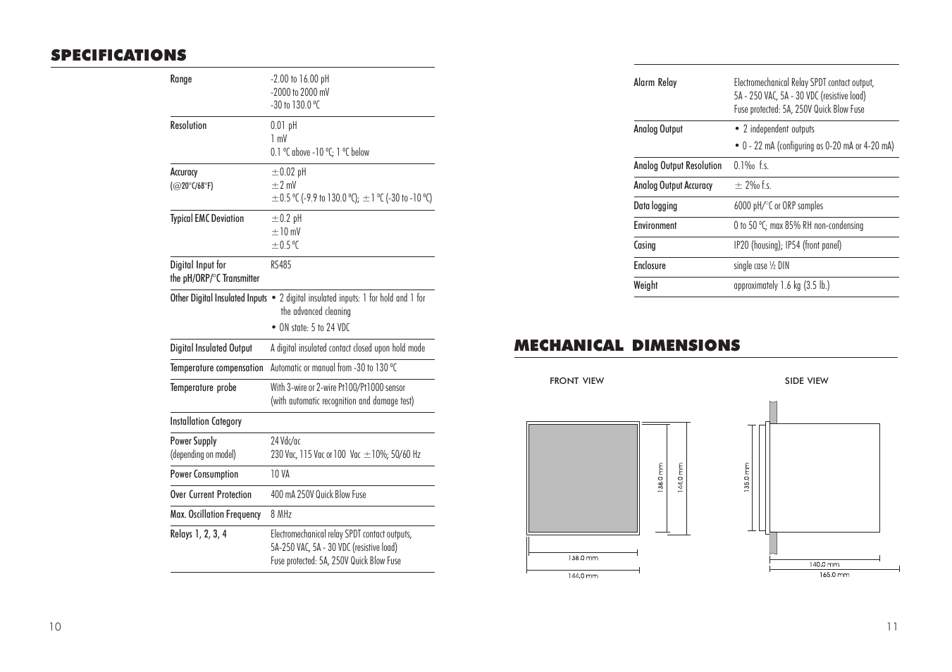 Mechanical dimensions, Specifications | Hanna Instruments HI 504 User Manual | Page 6 / 59