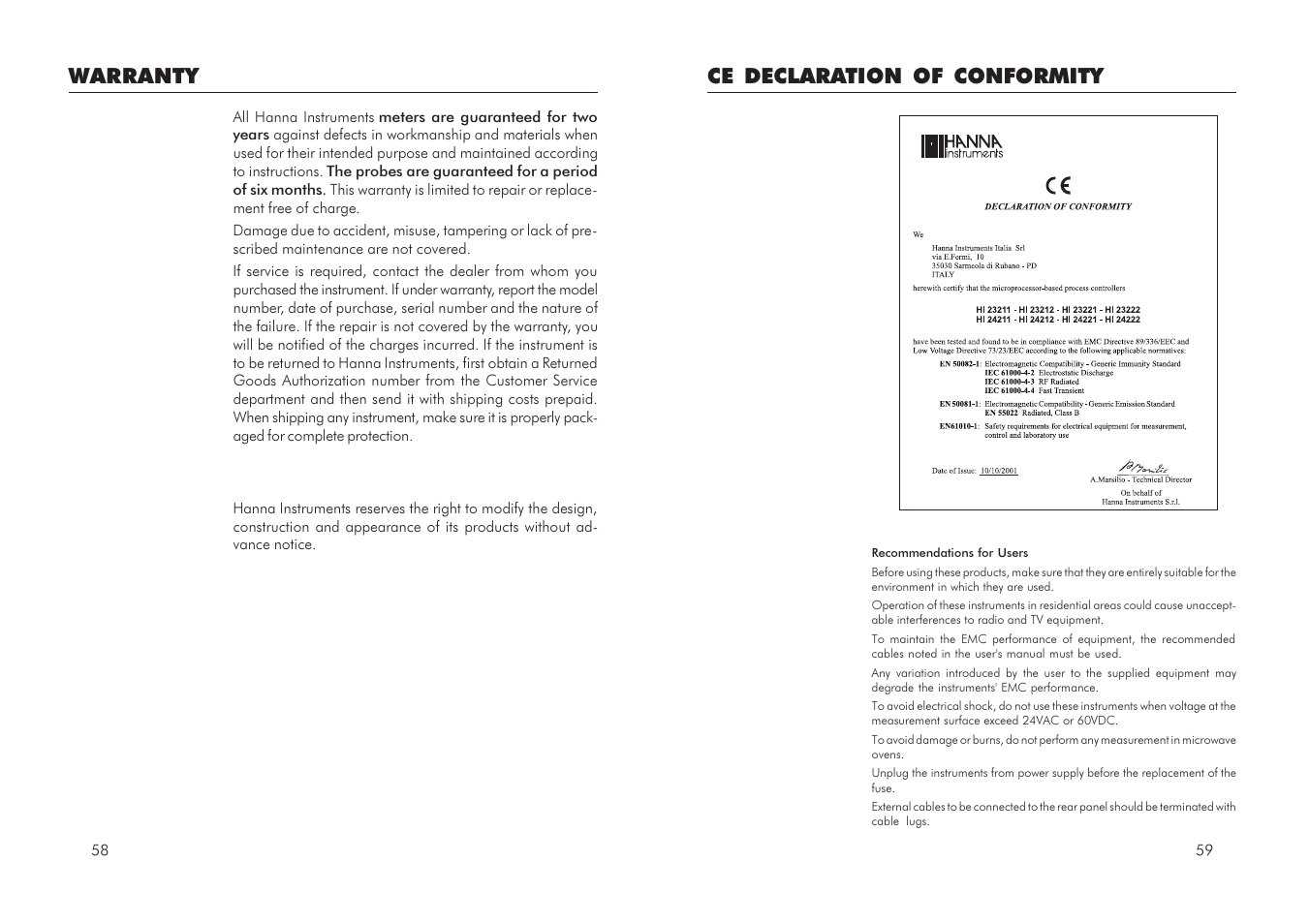 Ce declaration of conformity warranty | Hanna Instruments HI 23 User Manual | Page 30 / 31