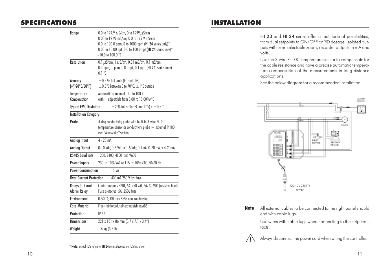 Installation, Specifications | Hanna Instruments HI 23 User Manual | Page 6 / 31