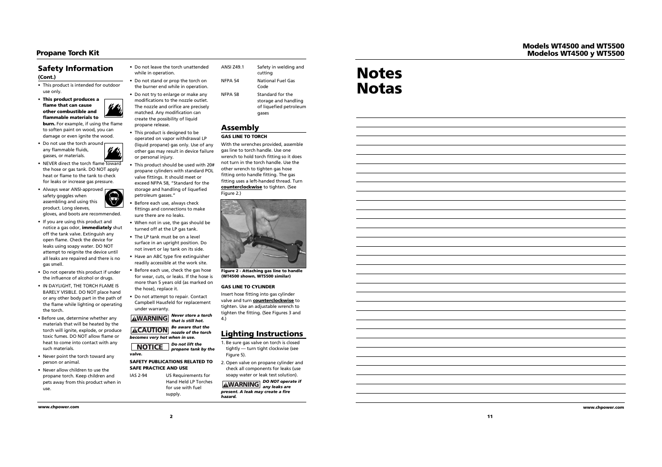 Safety information, Assembly, Lighting instructions | Propane torch kit, Notice | Campbell Hausfeld WT4500 User Manual | Page 2 / 6