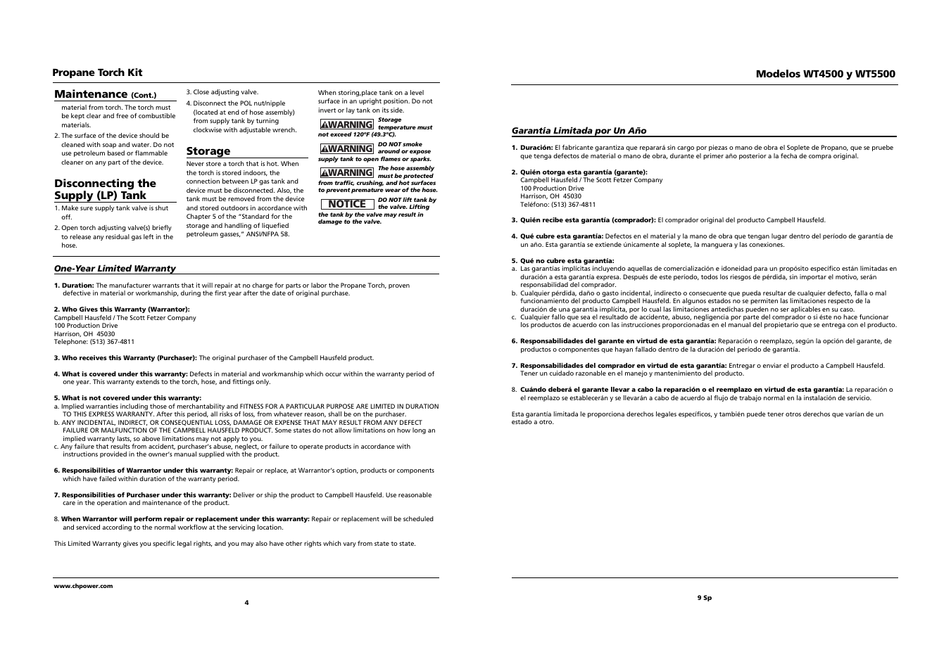 Maintenance, Disconnecting the supply (lp) tank, Storage | Propane torch kit, Notice | Campbell Hausfeld WT4500 User Manual | Page 4 / 6
