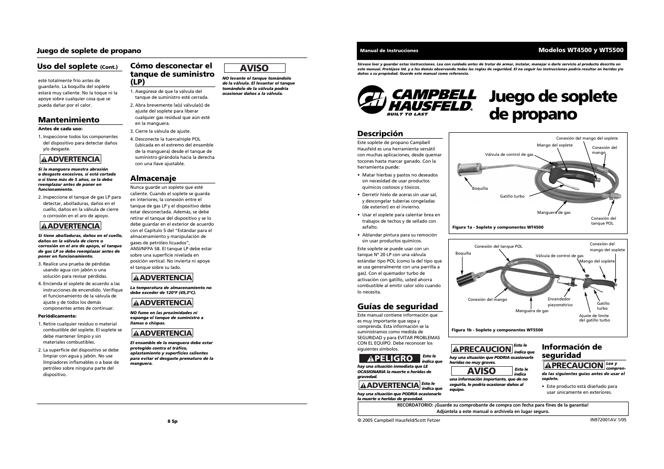 Juego de soplete de propano, Aviso, Peligro | Mantenimiento, Cómo desconectar el tanque de suministro (lp), Almacenaje, Uso del soplete, Información de seguridad, Precaucion, Descripción | Campbell Hausfeld WT4500 User Manual | Page 5 / 6