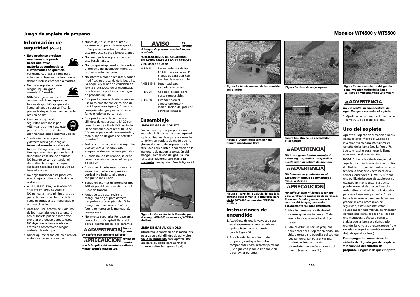 Aviso, Instrucciones de encendido, Precaucion | Uso del soplete, Ensamblaje, Información de seguridad, Advertencia, Juego de soplete de propano | Campbell Hausfeld WT4500 User Manual | Page 6 / 6