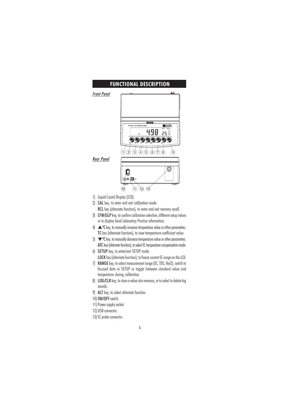 Hanna Instruments HI 2300 User Manual | Page 4 / 36