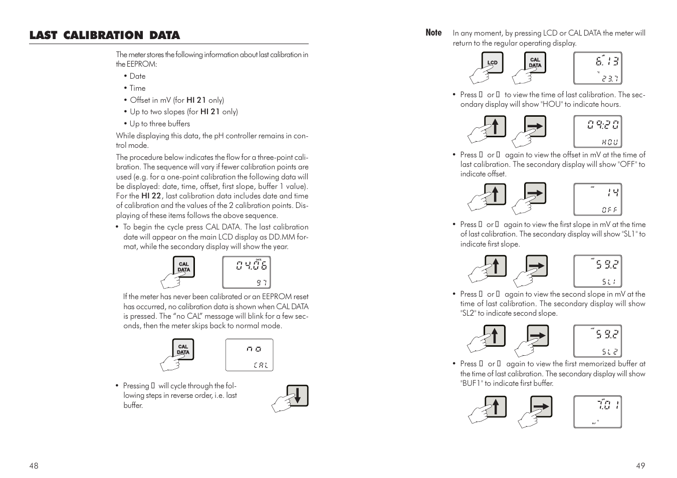 Last calibration data | Hanna Instruments HI 21 Series User Manual | Page 25 / 37