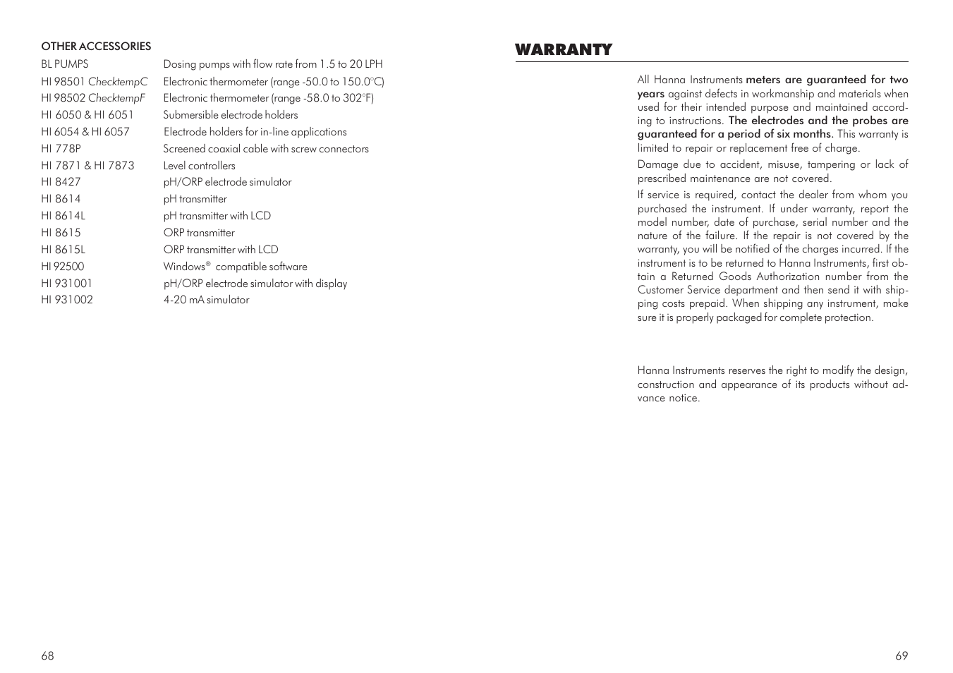 Warranty | Hanna Instruments HI 21 Series User Manual | Page 35 / 37