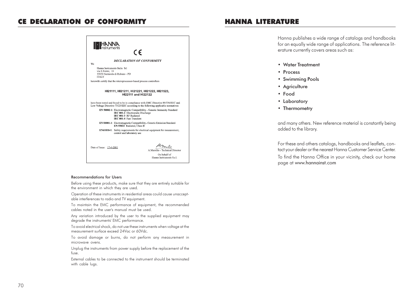 Hanna literature, Ce declaration of conformity | Hanna Instruments HI 21 Series User Manual | Page 36 / 37