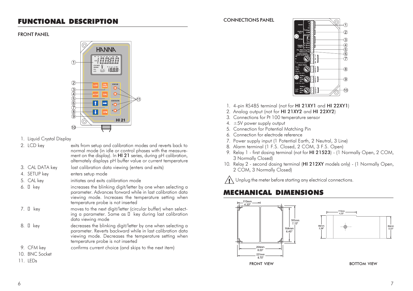 Mechanical dimensions, Functional description | Hanna Instruments HI 21 Series User Manual | Page 4 / 37