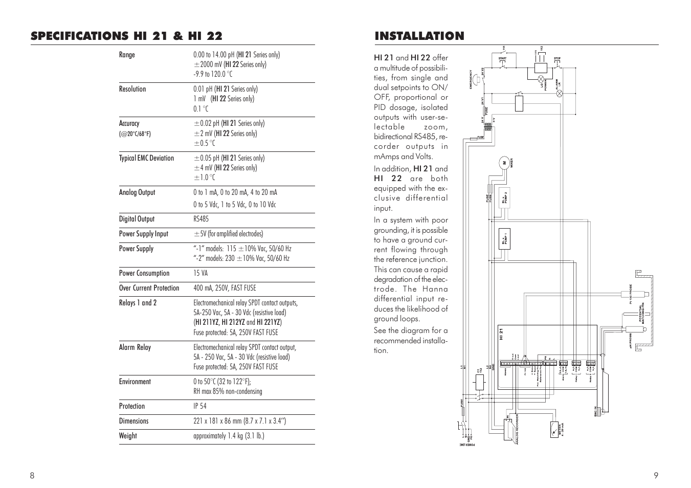 Installation, Specifications hi 21 & hi 22 | Hanna Instruments HI 21 Series User Manual | Page 5 / 37