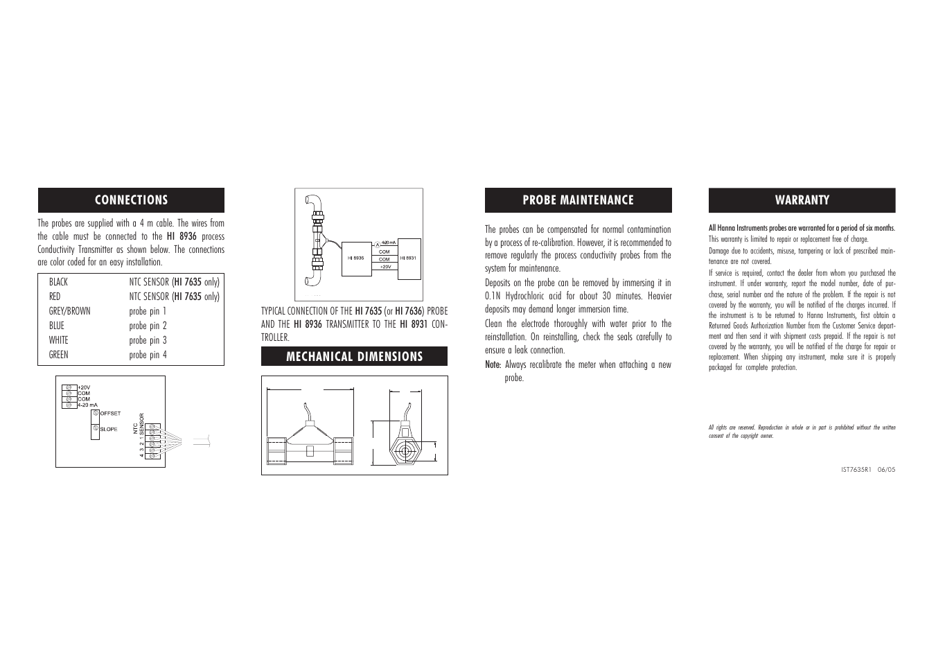 Connections, Mechanical dimensions, Probe maintenance warranty | Hanna Instruments HI 7635 User Manual | Page 2 / 2