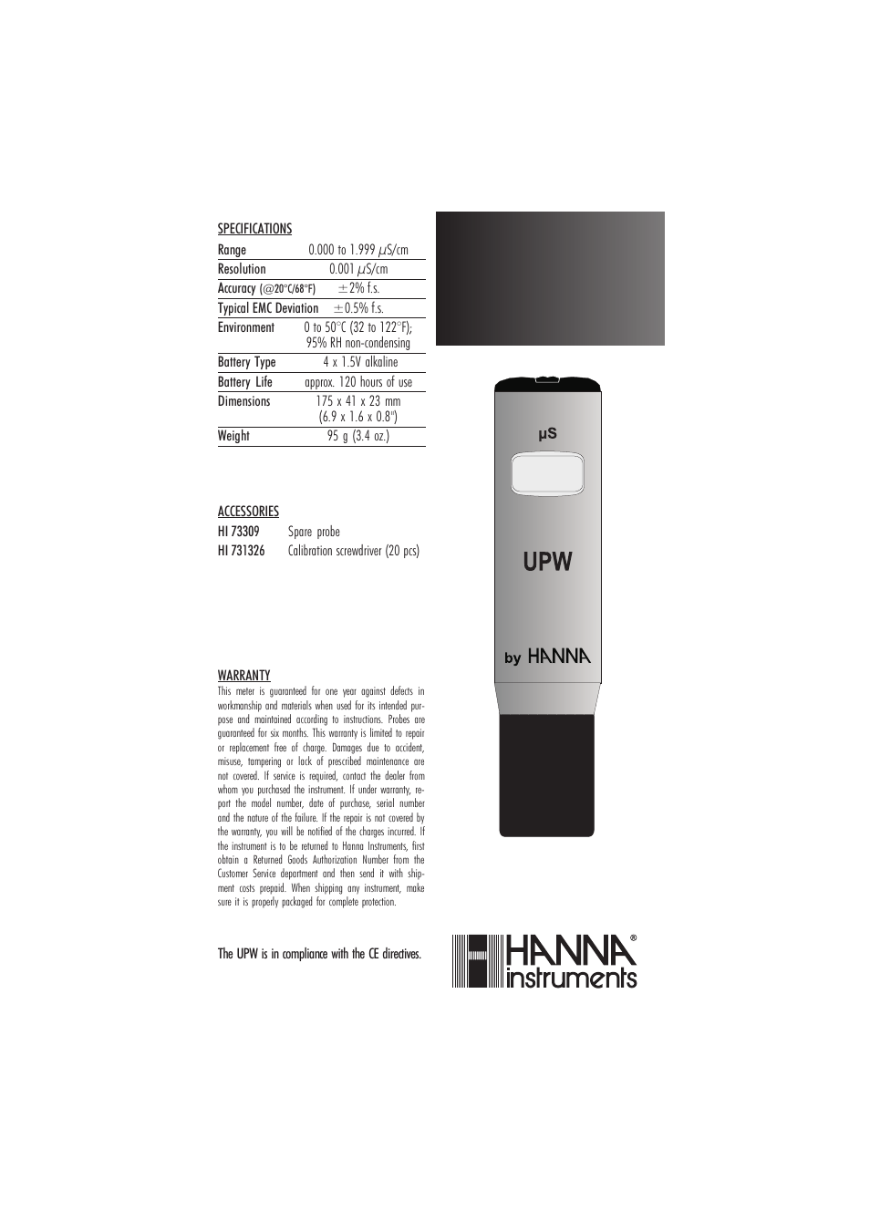 Hanna Instruments HI 98309 User Manual | 2 pages