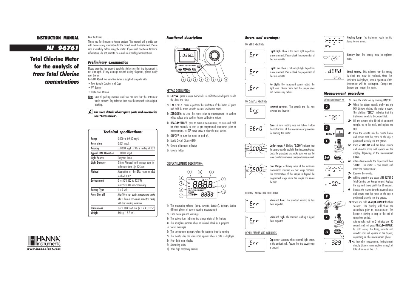 Hanna Instruments HI 96761 User Manual | 2 pages