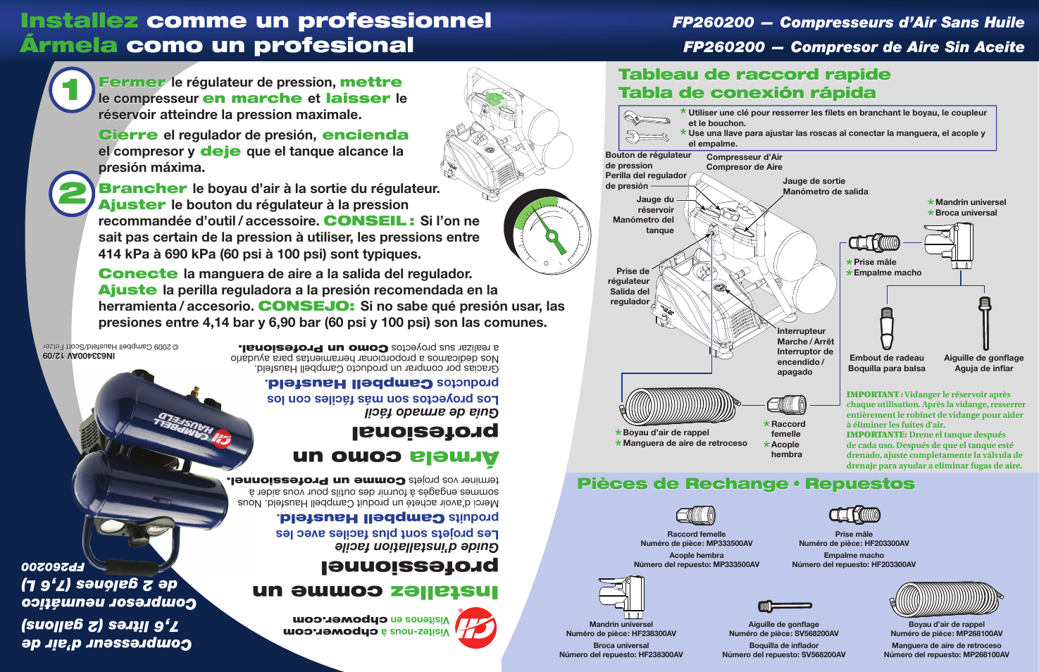 Installez comme un professionnel, Ármela como un profesional, Guide d’installation facile | Guía de armado fácil | Campbell Hausfeld IN633400AV User Manual | Page 2 / 2
