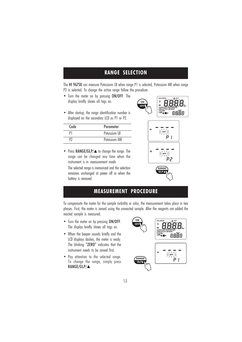 Measurement procedure, Range selection | Hanna Instruments HI 96750 User Manual | Page 13 / 24