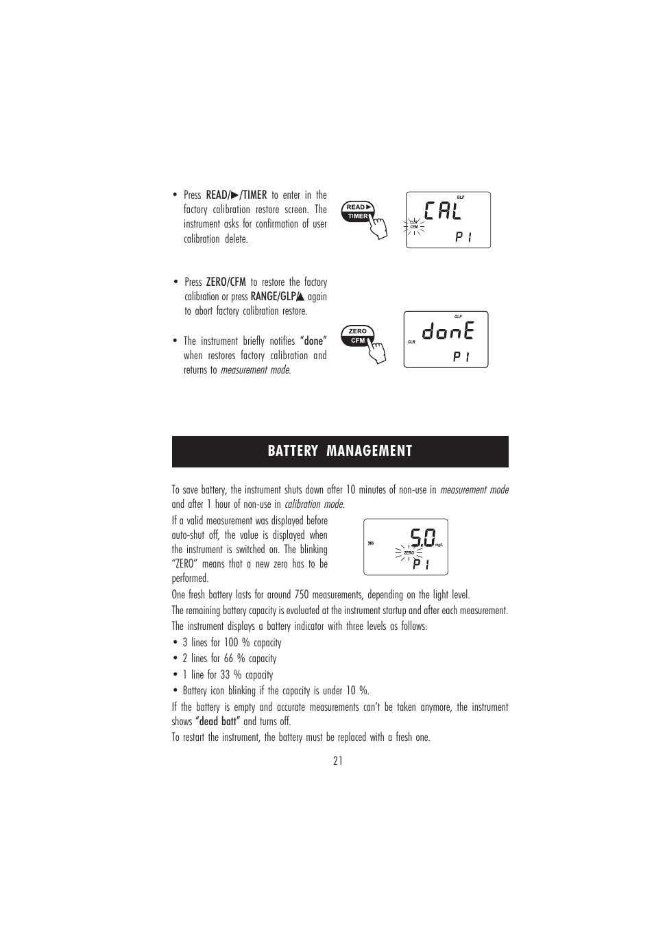 Battery management | Hanna Instruments HI 96750 User Manual | Page 21 / 24