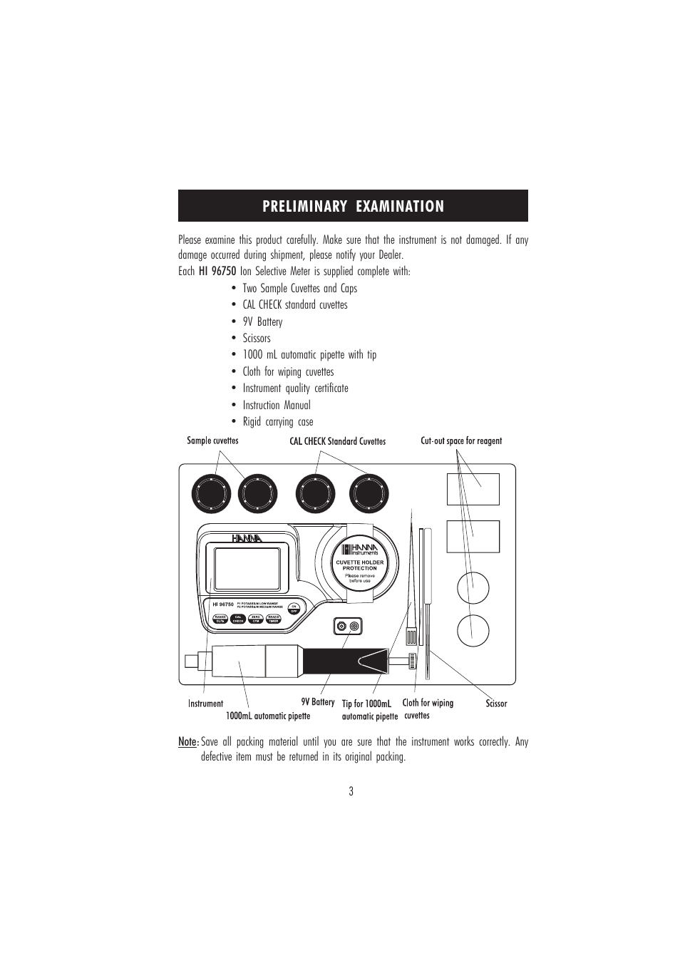 Preliminary examination | Hanna Instruments HI 96750 User Manual | Page 3 / 24