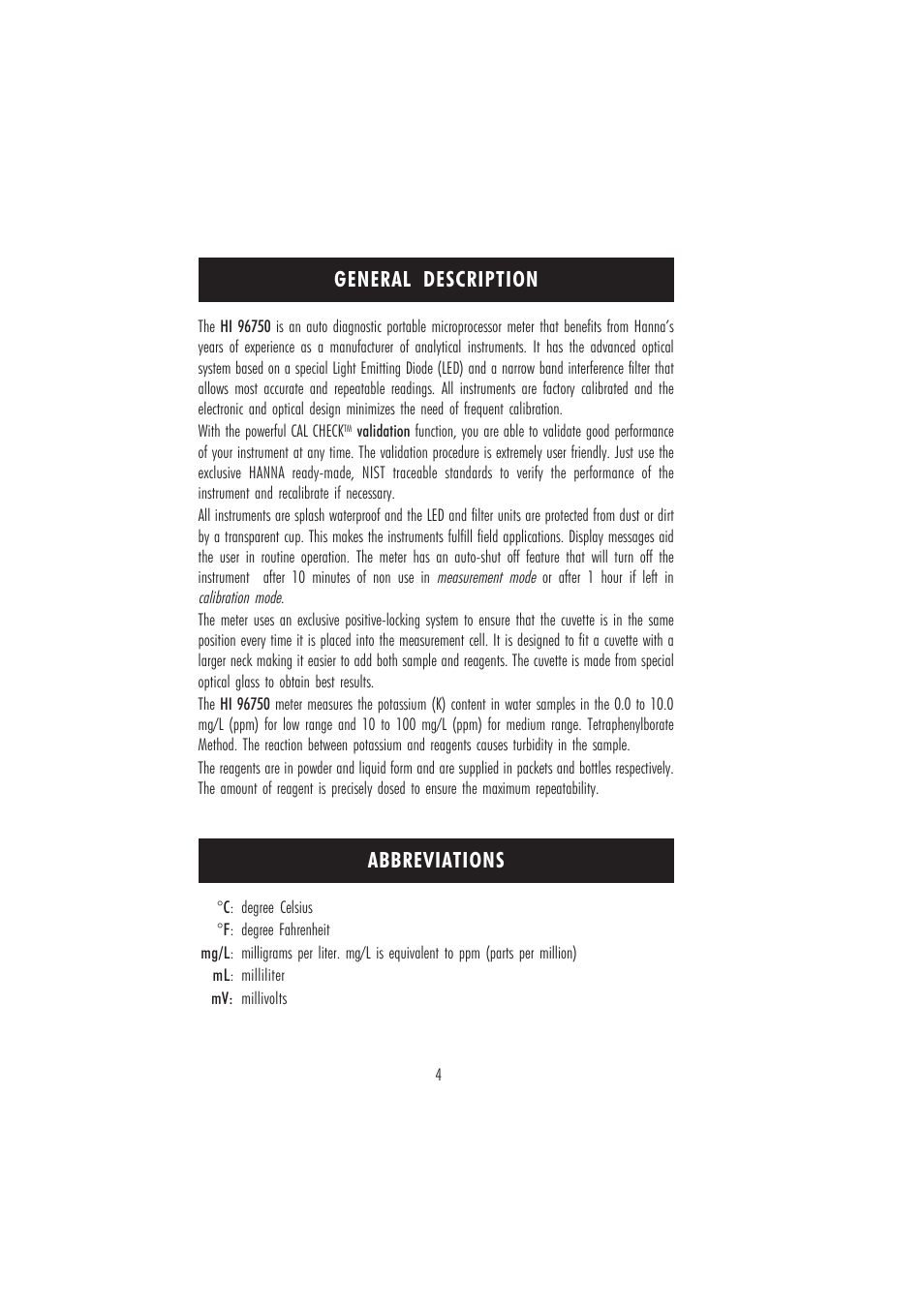 General description abbreviations | Hanna Instruments HI 96750 User Manual | Page 4 / 24
