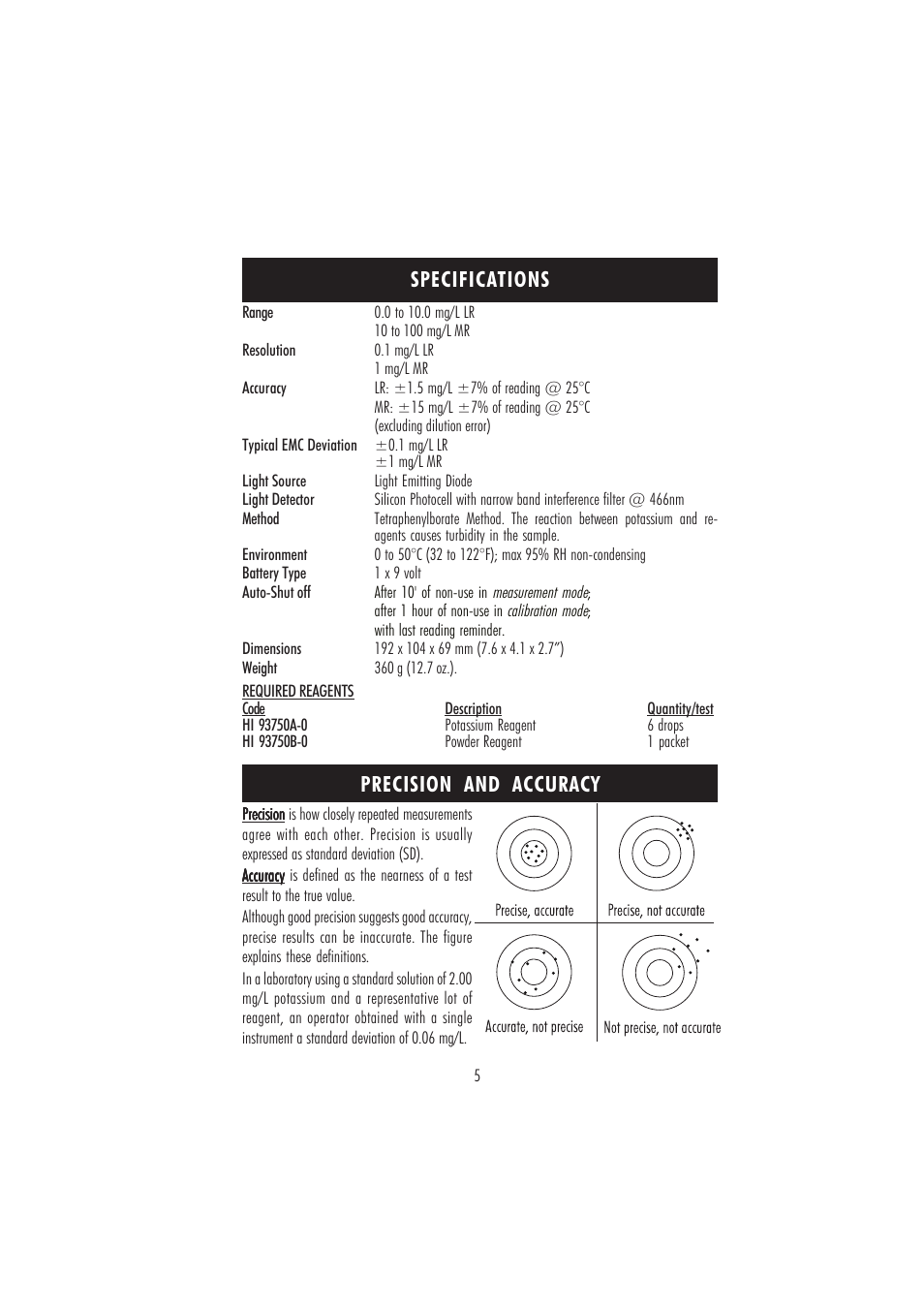 Specifications precision and accuracy | Hanna Instruments HI 96750 User Manual | Page 5 / 24