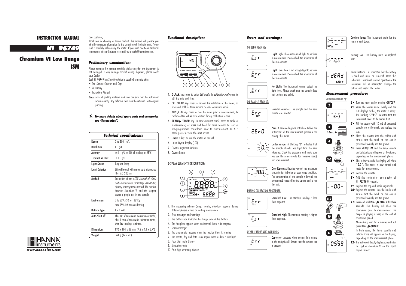 Hanna Instruments HI 96749 User Manual | 2 pages
