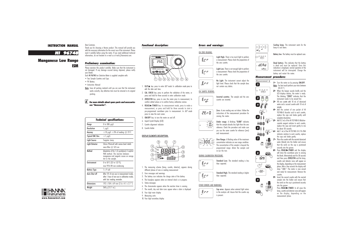 Hanna Instruments HI 96748 User Manual | 2 pages