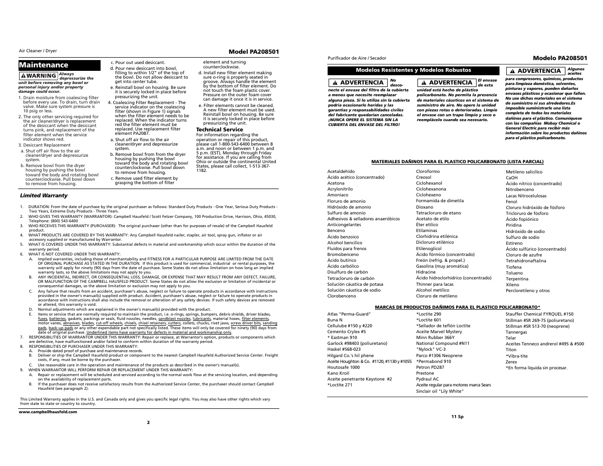 Maintenance | Campbell Hausfeld PA208501 User Manual | Page 11 / 17