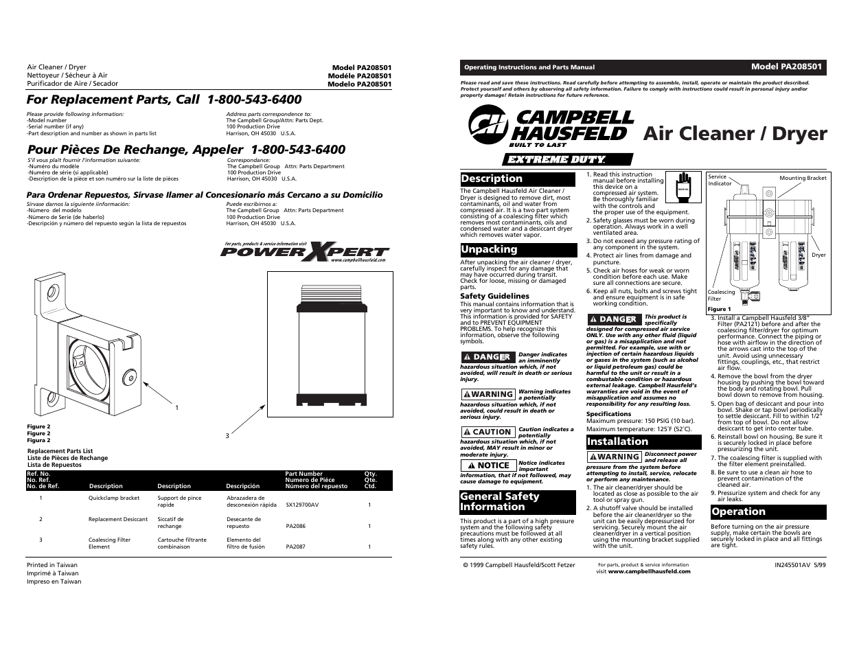 Air cleaner / dryer, Operation | Campbell Hausfeld PA208501 User Manual | Page 12 / 17