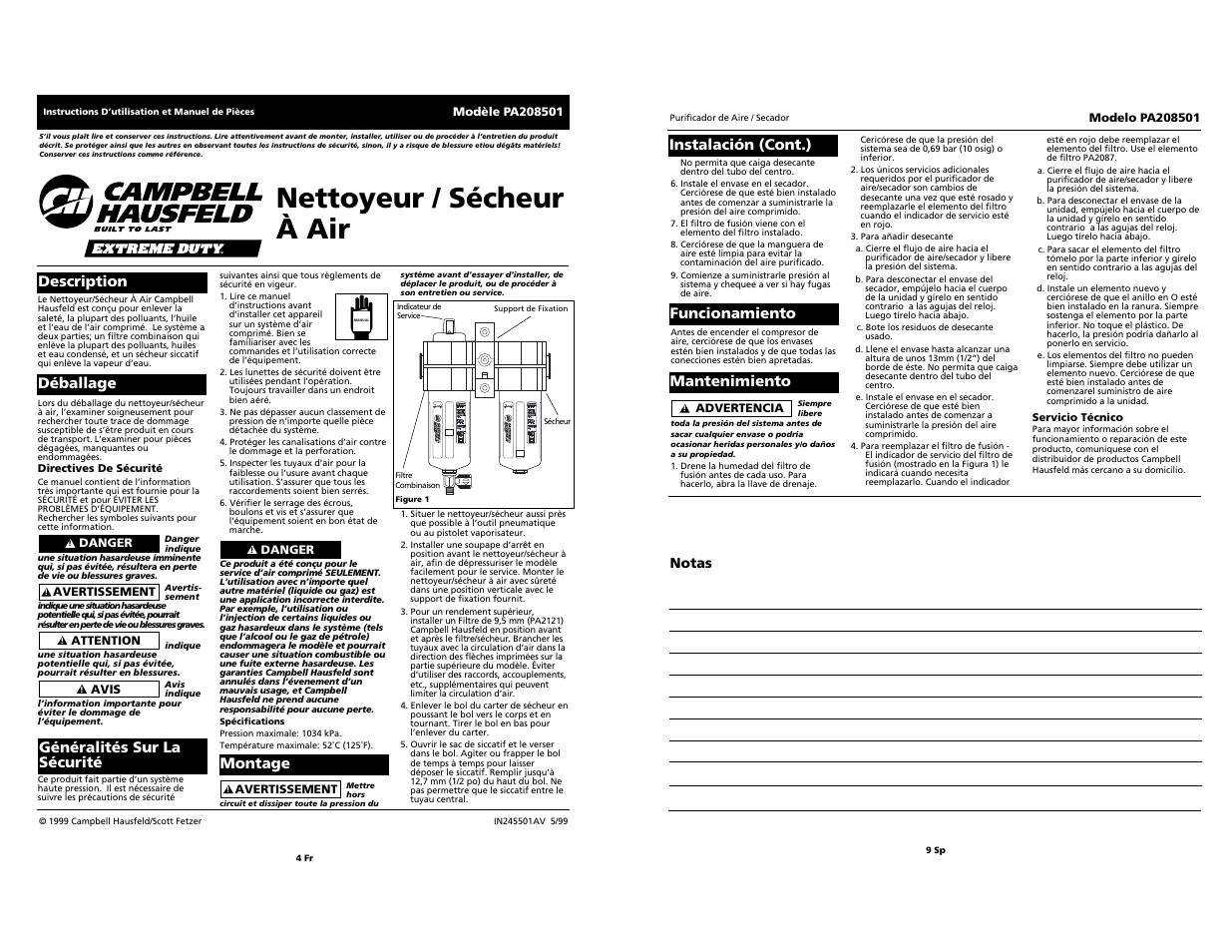 Nettoyeur / sécheur à air, Description déballage généralités sur la sécurité | Campbell Hausfeld PA208501 User Manual | Page 15 / 17