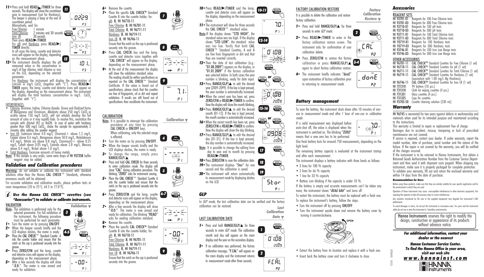 Validation and calibration procedures, Battery management, Warranty | Accessories | Hanna Instruments HI 96745 User Manual | Page 2 / 2