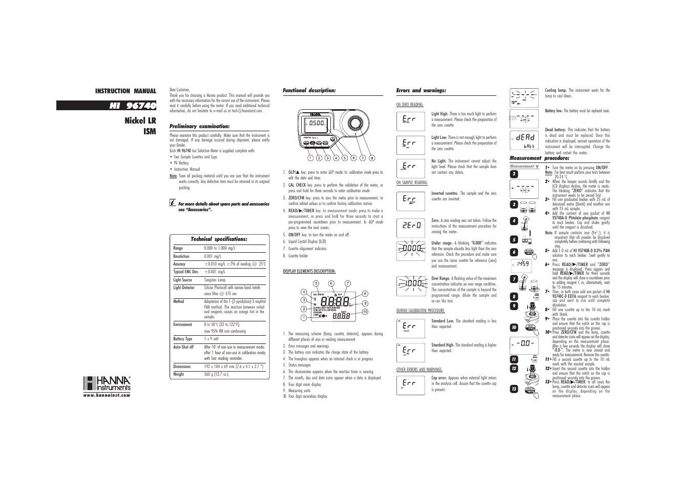 Hanna Instruments HI 96740 User Manual | 2 pages