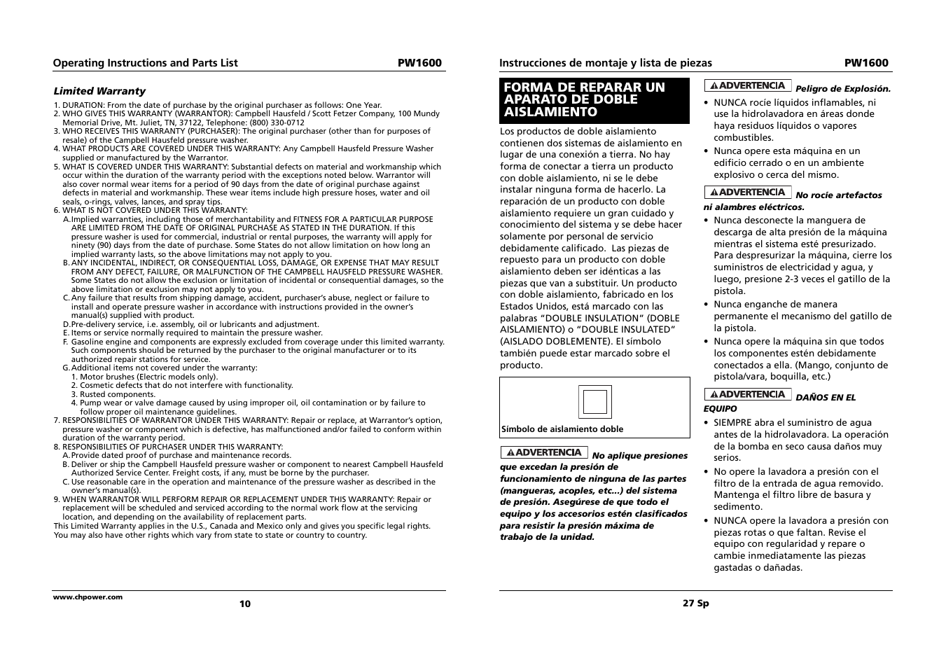 Forma de reparar un aparato de doble aislamiento | Campbell Hausfeld PW1600 User Manual | Page 10 / 18