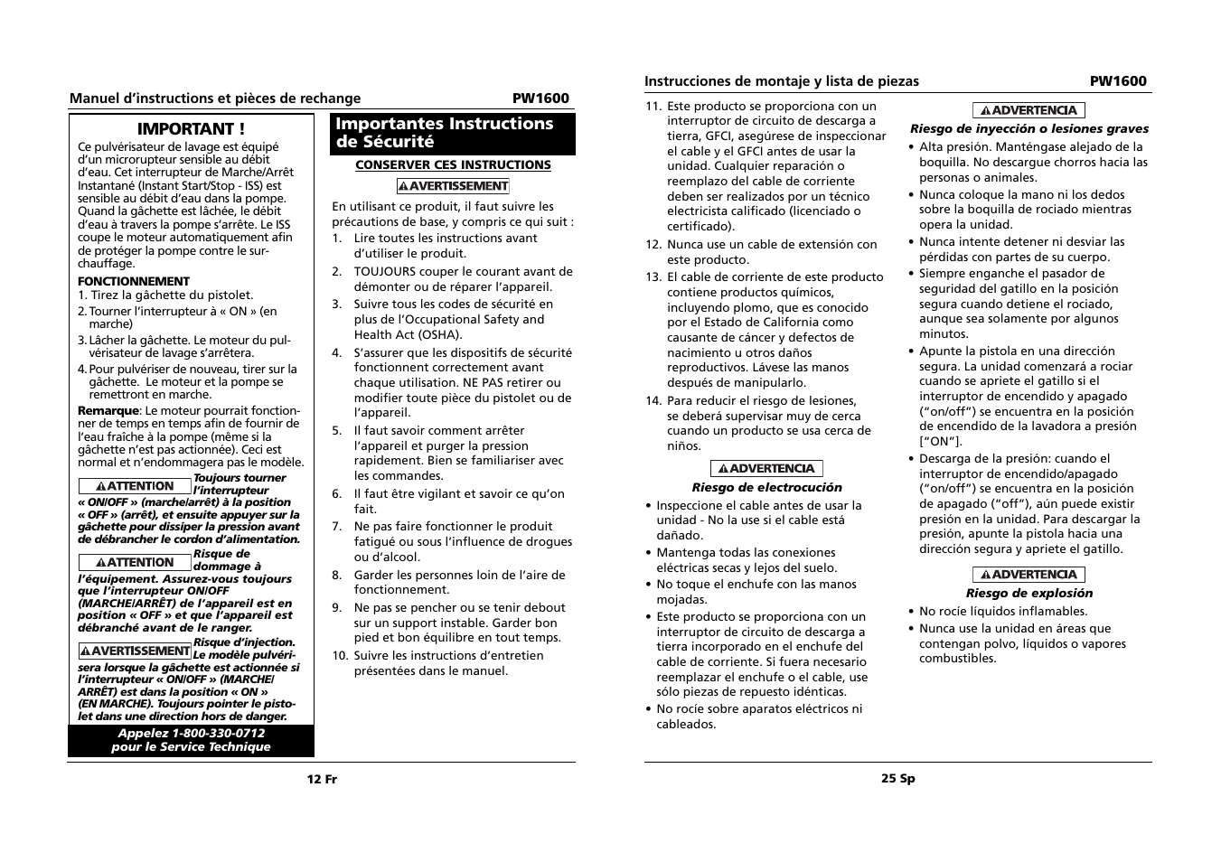 Important, Importantes instructions de sécurité | Campbell Hausfeld PW1600 User Manual | Page 12 / 18