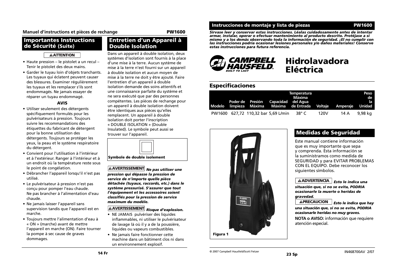 Hidrolavadora eléctrica, Especificaciones, Medidas de seguridad | Importantes instructions de sécurité, Entretien d’un appareil à double isolation | Campbell Hausfeld PW1600 User Manual | Page 14 / 18