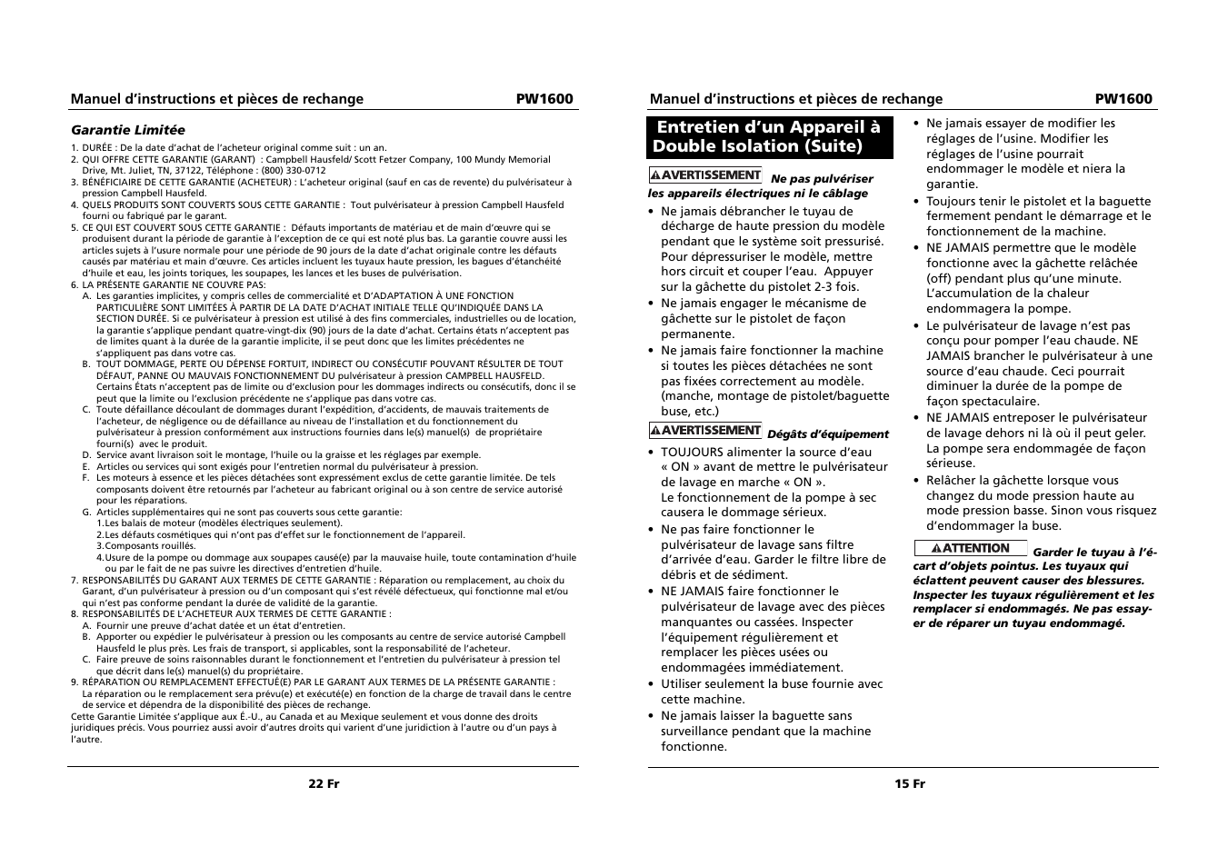 Entretien d’un appareil à double isolation (suite) | Campbell Hausfeld PW1600 User Manual | Page 15 / 18