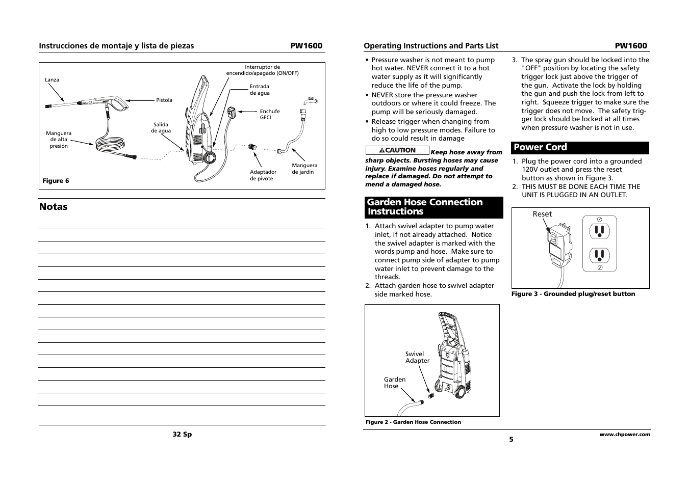 Notas, Garden hose connection instructions, Power cord | Campbell Hausfeld PW1600 User Manual | Page 5 / 18