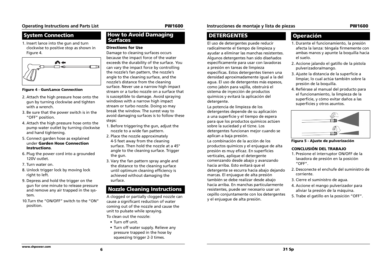 Detergentes, Operación, System connection | Campbell Hausfeld PW1600 User Manual | Page 6 / 18