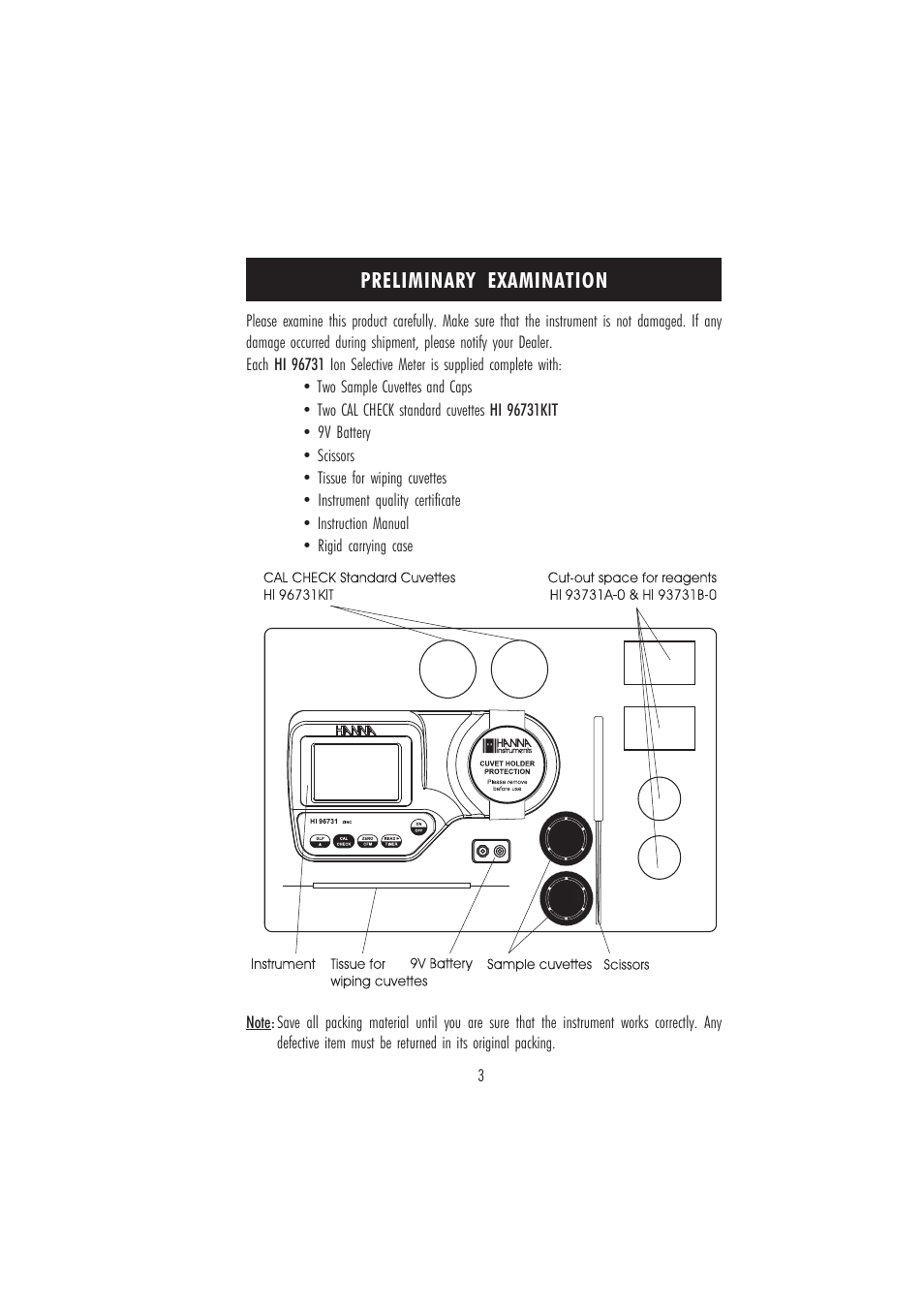 Preliminary examination | Hanna Instruments HI 96731 User Manual | Page 3 / 24