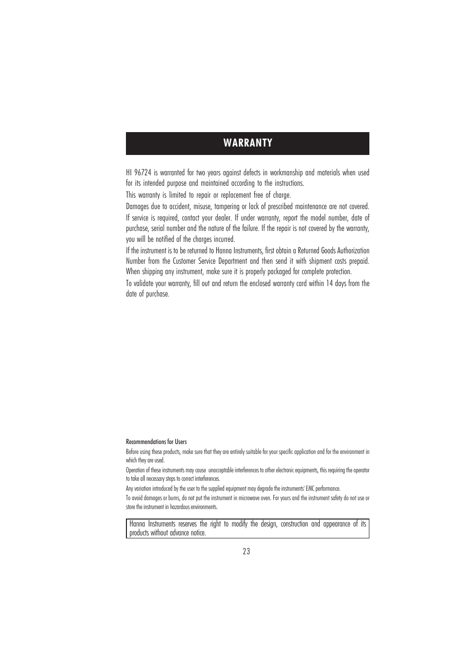 Warranty | Hanna Instruments HI 96724C User Manual | Page 23 / 24