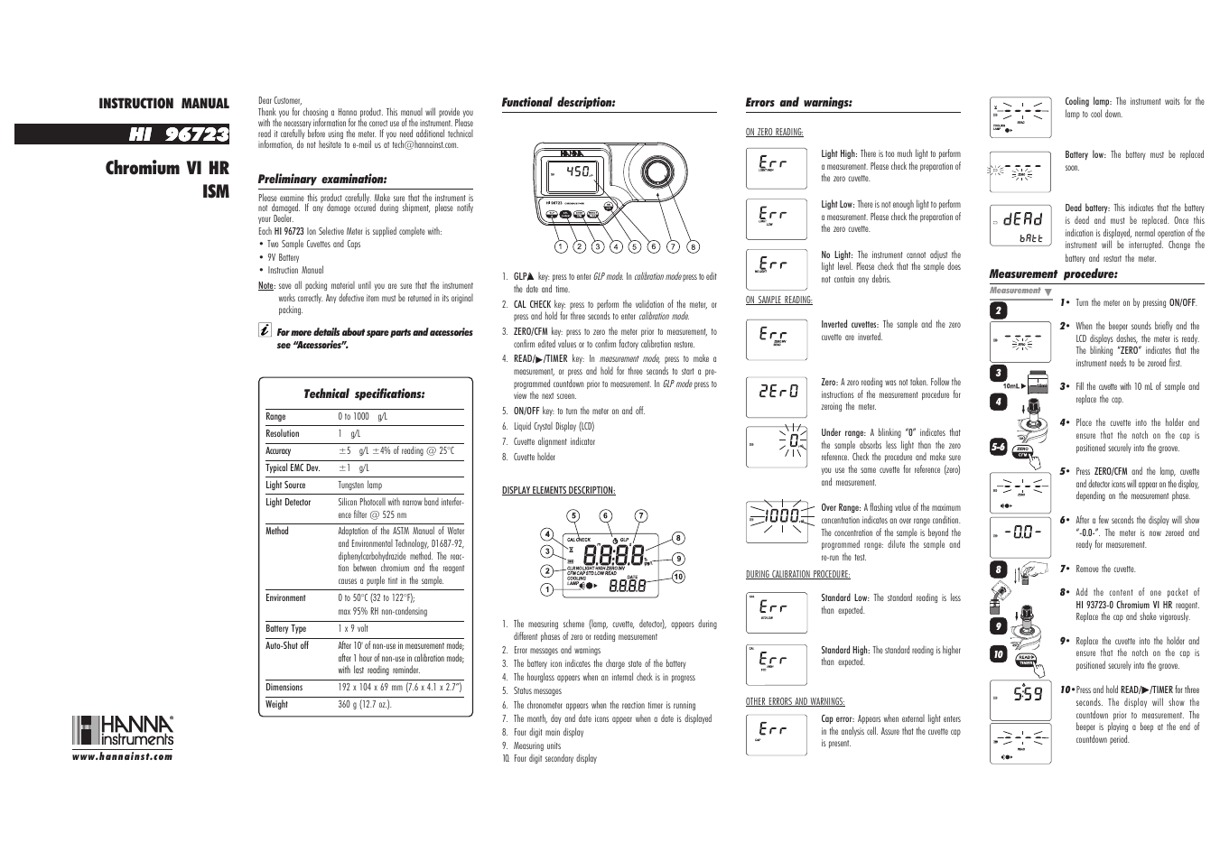 Hanna Instruments HI 96723 User Manual | 2 pages