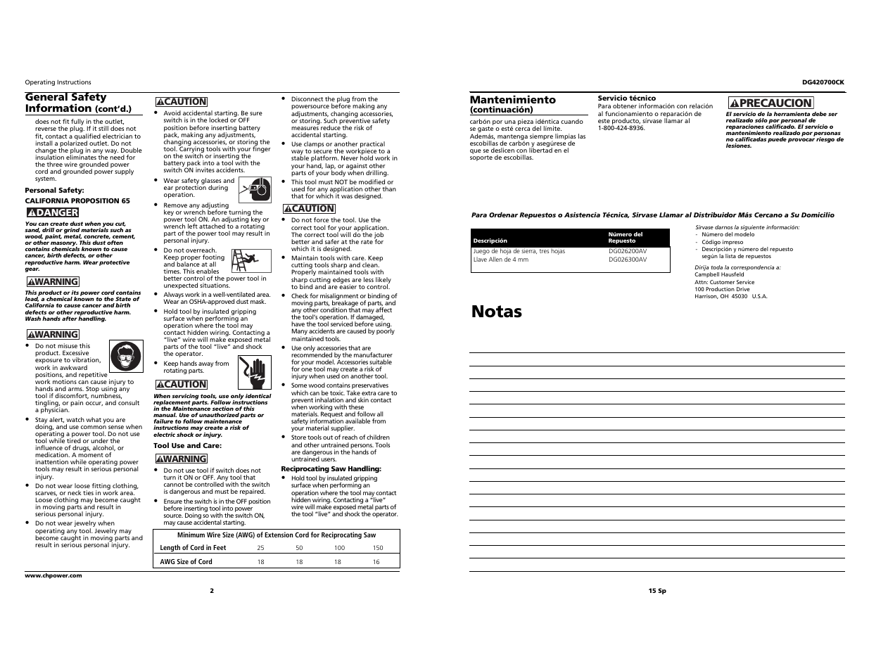 Notas, Precaucion | Campbell Hausfeld DG420700CK User Manual | Page 2 / 8