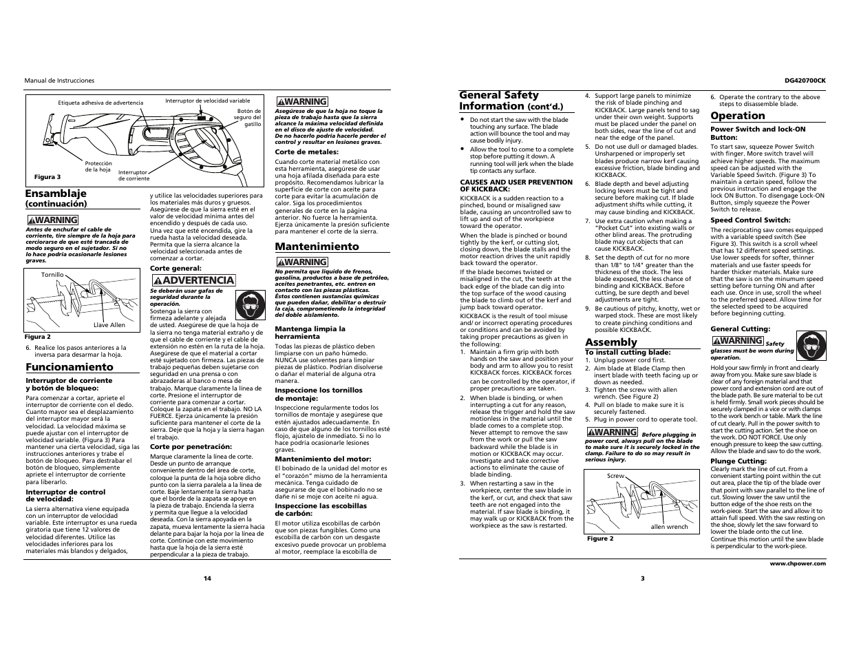 Funcionamiento, Advertencia, Mantenimiento | Ensamblaje, Assembly, Operation, General safety information | Campbell Hausfeld DG420700CK User Manual | Page 3 / 8